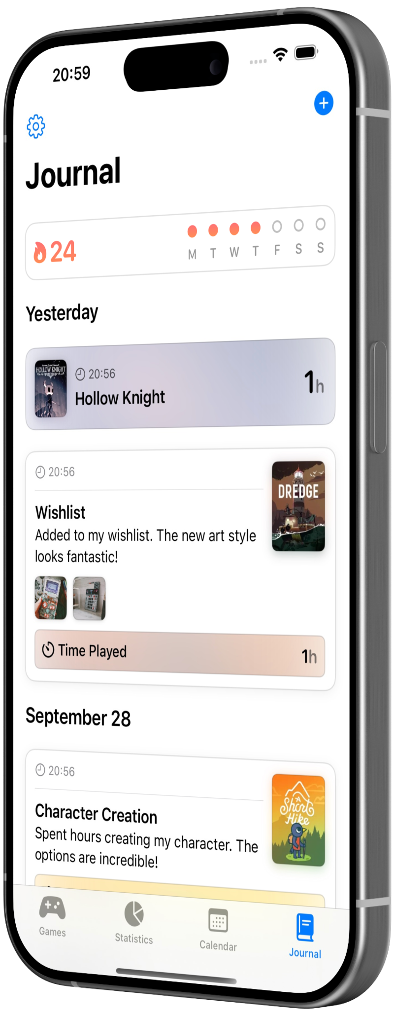 GamePal journal screen feature mockup with a list of journal entries on iPhone